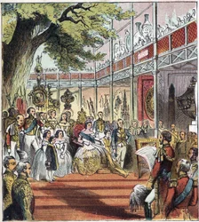 La Grande Esposizione di Londra a Hyde Park nel 1851. Grande Esposizione del 1851. Un palazzo di vetro fu costruito a Hyde Park per esporre molte cose da diverse nazioni in tutto il mondo nel 1851