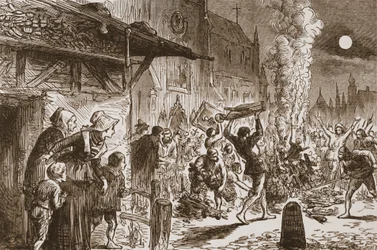 Gli iconoclasti a Basilea che bruciano immagini e idoli, illustrazione da The History of Protestantism di James Aitken Wylie, pub. 1878