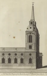 Prospetto nord-ovest della Chiesa parrocchiale di St Benet Gracechurch, Londra