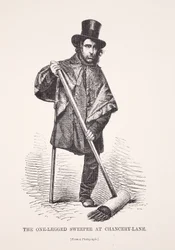 Lo spazzino con una gamba sola a Chancery Lane, da una fotografia, illustrazione da London Labour and London Poor di Henry Mayhew, pub. 1862