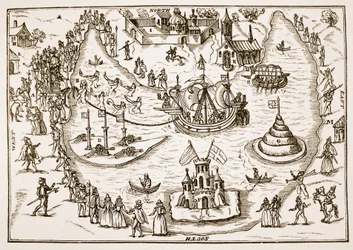 Lo stagno a Elvetham durante la visita della regina Elisabetta, da The Honourable Entertainment given to the Queens Majestie in Prgresse at Elvetham in Hampshire by the Right Honble the Earl of Hertford, 1591