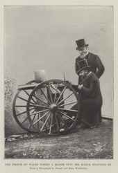 Il Principe di Galles che spara con una mitragliatrice Maxim, il signor Maxim accanto (incisione)