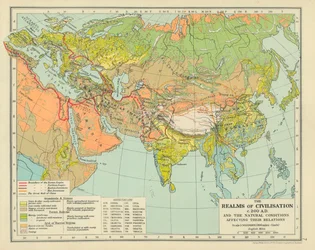 I regni della civiltà intorno al 200 d.C. e le condizioni naturali che influenzano le loro relazioni (litografia a colori)