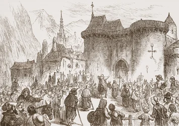 I falsi pellegrini alla porta di Ginevra, illustrazione da La storia del protestantesimo di James Aitken Wylie (1808-1890), pub. 1878