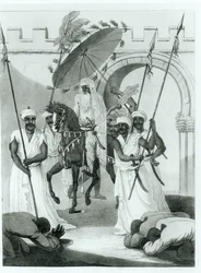 Il Sultano del Marocco esce per dare udienza, da Viaggi attraverso la Francia e la Spagna fino al Marocco di Maurice Keatinge, pubblicato nel 1817