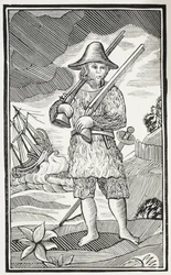 La sorprendente vita e le più strane avventure di Robinson Crusoe della città di York, marinaio, illustrazione da Chap-books del XVIII secolo di John Ashton, pub. 1882
