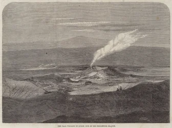 Il vulcano Taal a Luzon, una delle isole Filippine (incisione)