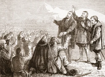 I valdesi che prestano giuramento, illustrazione da La storia del protestantesimo di James Aitken Wylie (1808-1890), pub. 1878