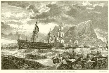 La Vittoria rimorchiata a Gibilterra dopo la battaglia di Trafalgar