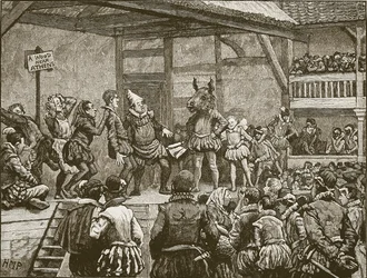 Rappresentazione di una delle opere di Shakespeare ai tempi della regina Elisabetta, illustrazione da Cassells Illustrated History of England