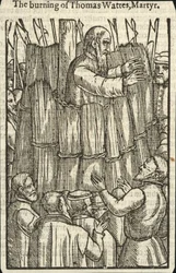 Il rogo di Thomas Wattes, martire (incisione)