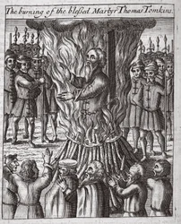 Il rogo del beato martire Thomas Tomkins, illustrazione da "Atti e monumenti" di John Foxe, nona edizione, pub. 1684 (litografia)
