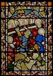 La finestra est che raffigura il funerale della Vergine Maria e il rovesciamento della bara (il ragazzo di Bourges)