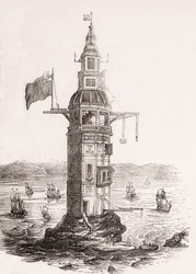 Il primo faro eretto sugli scogli di Eddystone, Plymouth, Devon, Inghilterra