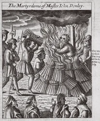 Il martirio del maestro John Denley, illustrazione da "Atti e monumenti" di John Foxe, nona edizione, pub. 1684 (litografia)