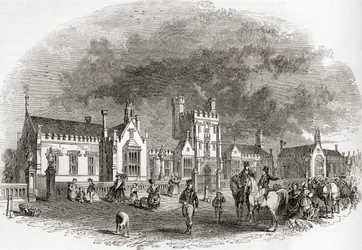 La vecchia scuola di Bedford, ricostruita alla fine del XIX secolo, da Old England: A Pictorial Museum, pub. 1847