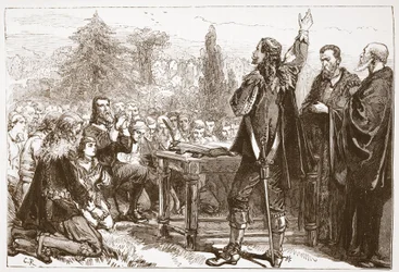 Il giuramento e la sottoscrizione del Patto Nazionale nel cimitero di Greyfriars, Edimburgo, illustrazione da The History of Protestantism di James Aitken Wylie, pub. 1878