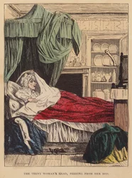 La testa della piccola donna, che sbircia dal suo letto