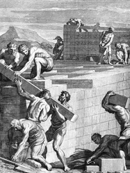 Le mura delle città tra i Galli sono costruite con corsi alternati di pietre e travi, inciso da Cornelis Huyberts, illustrazione ai Commentari di Cesare tradotti in inglese da William Duncan