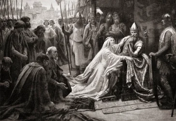 La moglie di Re Edoardo III, la regina Filippa di Hainault, intercede davanti al marito per chiedere che le vite dei sette Borghesi di Calais siano risparmiate (stampa)