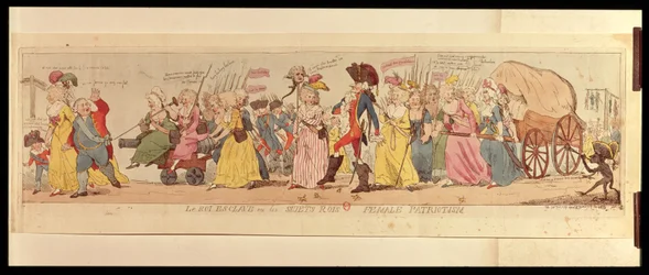 Le donne di Les Halles che portano Luigi XVI (1754-93) da Versailles, pubblicato da S.W. Fores, 1789 (incisione colorata a mano)
