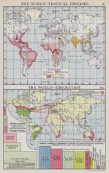 Il mondo, malattie tropicali, Il mondo, emigrazione (litografia a colori)