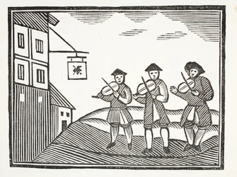 Tre violinisti in Thames Street, che suonarono per uno sposo al mattino, che non diede loro nulla da bere, illustrazione da Chap-books del XVIII secolo di John Ashton, pub. 1882