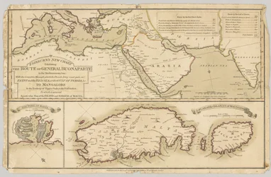 Tre mappe colorate stampate: Nuova Carta di Fairburn che mostra il percorso del Generale Bonaparte nel Mar Mediterraneo, 1798