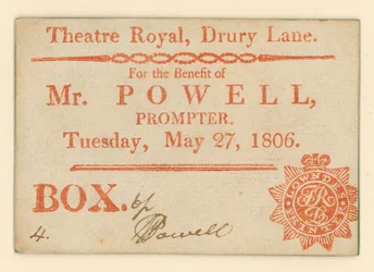 Biglietto per il Drury Lane Theatre, Londra: Per il beneficio di Mr Powell, suggeritore, 27 maggio 1806