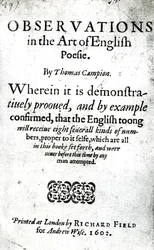 Pagina del titolo per Observations in the Art of English Poesie di Thomas Campion, pubblicato nel 1602