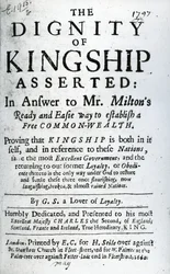 Pagina del titolo per The Dignity of Kingship Asserted di G.S. a Lover of Loyalty, pubblicato nel 1660