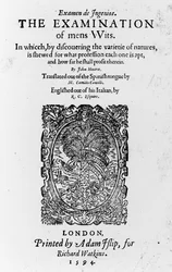 Pagina del titolo di The Examination of mens Wits di Juan Huarte, pubblicato 1594