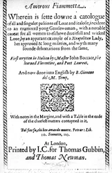 Pagina del titolo di Fiammetta amorosa di Giovanni Boccaccio, traduzione inglese pubblicata nel 1587