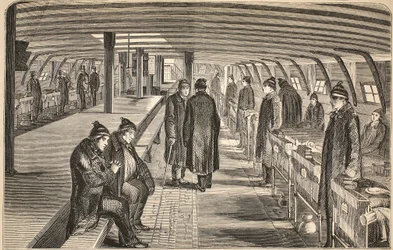 Ponte superiore della nave ospedale Unite, attaccata alle navi a Woolwich, illustrazione da The Criminal Prisons of London and Scenes from Prison Life di Henry Mayhew e John Binny, pub. 1862