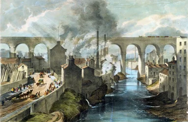 Treno che attraversa il viadotto di Stockport sulla London  North Western Railway, 1845 circa (litografia a colori)