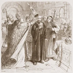 Processo di Huss: degradazione del martire, illustrazione da La storia del protestantesimo di James Aitken Wylie (1808-1890), pub. 1878