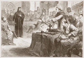 Processo di Wicliffe, illustrazione da La storia del protestantesimo di James Aitken Wylie (1808-1890), pub. 1878