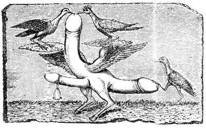 Triplo fallo con ali, gambe e piedi di capra, una campana, ali, due uccelli che beccano il pene più grande e un altro uccello che tiene giù la coda con il piede