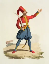 Soldato turco, da Costumi delle varie nazioni, Volume VII, Il costume militare della Turchia, di Thomas MacLean, pubblicato c.1800-18