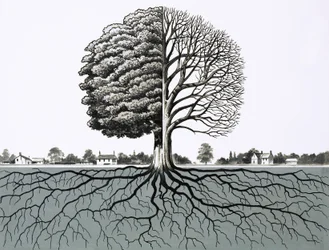 Albero non identificato, metà senza foglie e sistema radicale