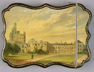 Porta carte vittoriano, con una scena dei giardini del Trinity College, Oxford