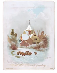 Cartolina di auguri vittoriana di pecore che vagano vicino a una chiesa nella neve, c.1880