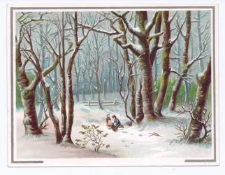 Cartolina di auguri vittoriana con due bambini che raccolgono rami nella neve, c.1880