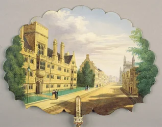 Schermo vittoriano, con una scena del Wadham College, Oxford con la Biblioteca Bodleiana e il Hertford College sullo sfondo