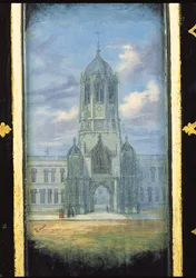 Pannello di un mobile da cucito vittoriano decorato con una scena del Christ Church, Oxford