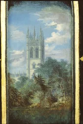 Pannello di un mobile da cucito vittoriano decorato con una scena del Magdalen College, Oxford