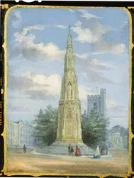 Pannello di un mobile da cucito vittoriano decorato con una scena del Martyrs Memorial, Oxford