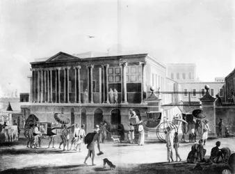 Veduta di una casa, manifattura e bazar a Calcutta, incisa da Francis Jukes, 1795 (acquatinta)