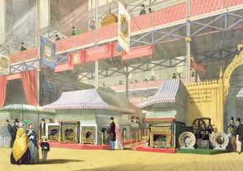 Vista dello stand della ferramenta di Sheffield e delle esposizioni della Great Lane Works alla Grande Esposizione del 1851, da Dickinsons Comprehensive Pictures