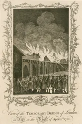 Vista del ponte temporaneo di Londra in fiamme nella notte dell